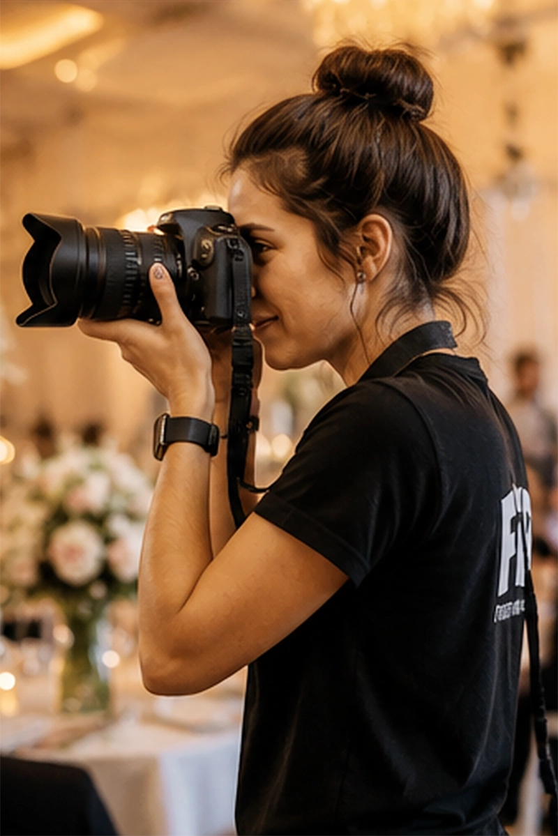 Fotógrafo e clientes satisfeitos no evento